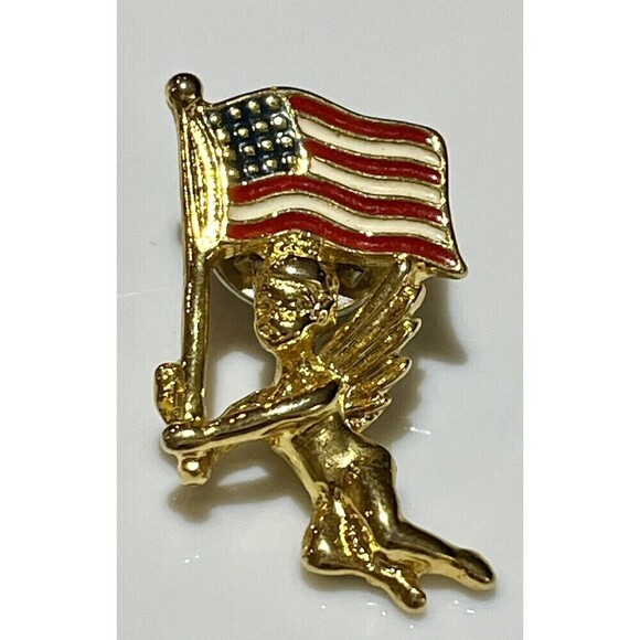 Set Of 2 Vintage Gold Tone Angel Cherub/Angel W/ American Enamel Flag Lapel Pin - Picture 2 of 6